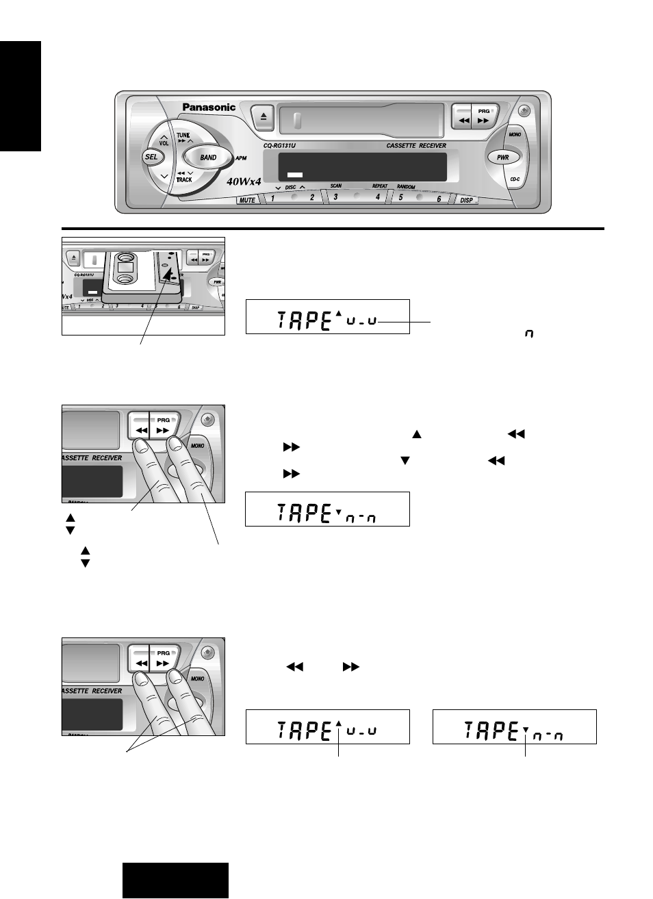 Cassette tape player basics, Loading a cassette, Rewind and fast forward | Changing sides | Panasonic CQ-RG131U User Manual | Page 14 / 72