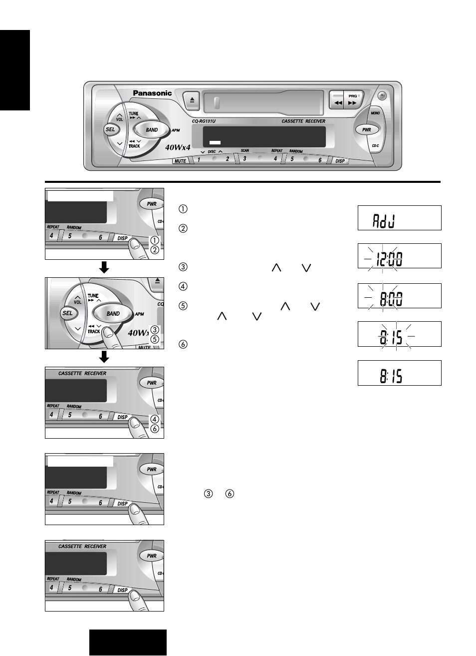 Clock basics, Initial time setting, Resetting the time | Selecting the clock display | Panasonic CQ-RG131U User Manual | Page 18 / 72