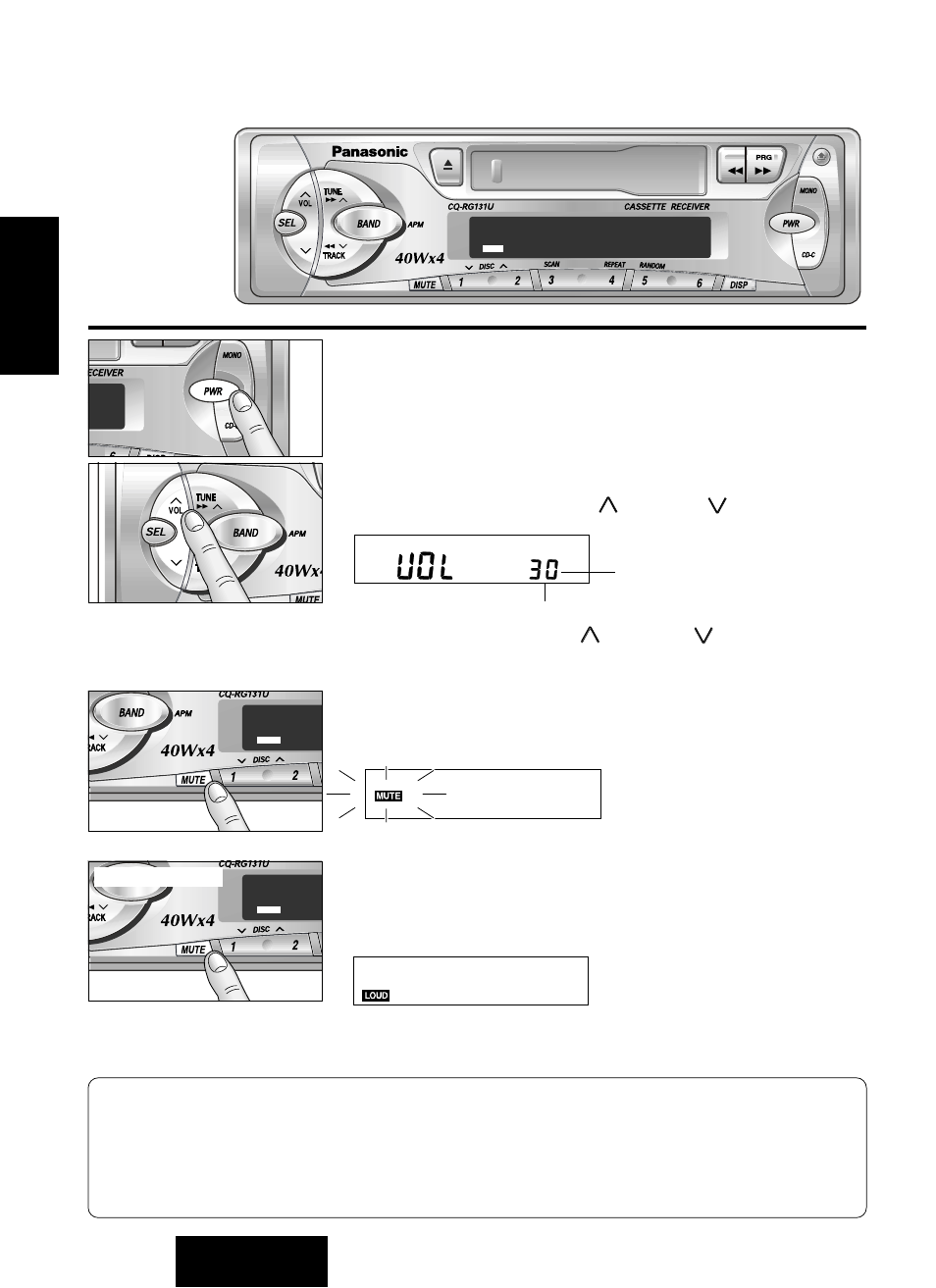 Interrupteur, Volume, Mute (assourdissement) | Compensateur physiologique | Panasonic CQ-RG131U User Manual | Page 30 / 72