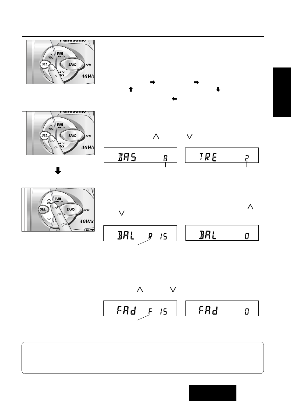 Commutation des modes de réglage audio, Graves et aigus, Équilibre | Équilibre avant-arrière | Panasonic CQ-RG131U User Manual | Page 31 / 72
