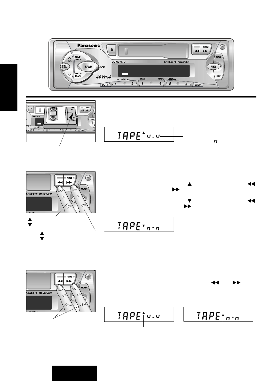 Fonctionnement du lecteur de cassettes, Chargement de la cassette, Rebobinage/avance accélérée | Inversion | Panasonic CQ-RG131U User Manual | Page 34 / 72
