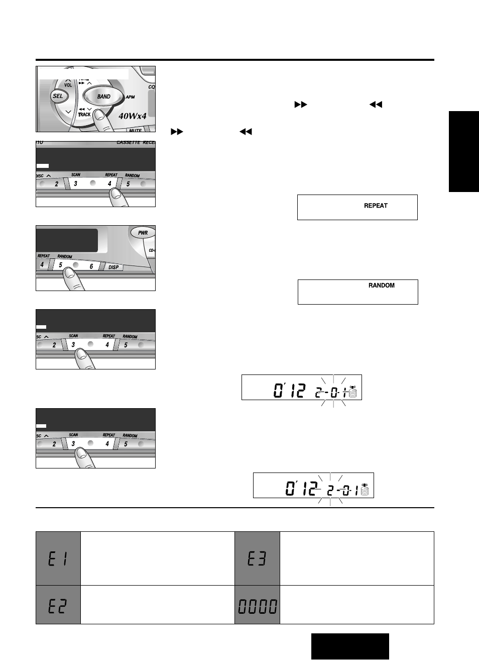 Recherche d’un passage au sein d’une plage, Lecture en reprise d’une plage, Séquence de lecture aléatoire | Balayage des plages, Balayage des disques, Messages d’erreur | Panasonic CQ-RG131U User Manual | Page 37 / 72