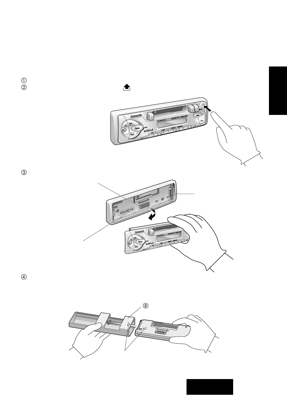 Système antivol, Retrait du panneau avant amovible, Fig. 5 | Fig. 7, Fig. 6 | Panasonic CQ-RG131U User Manual | Page 45 / 72