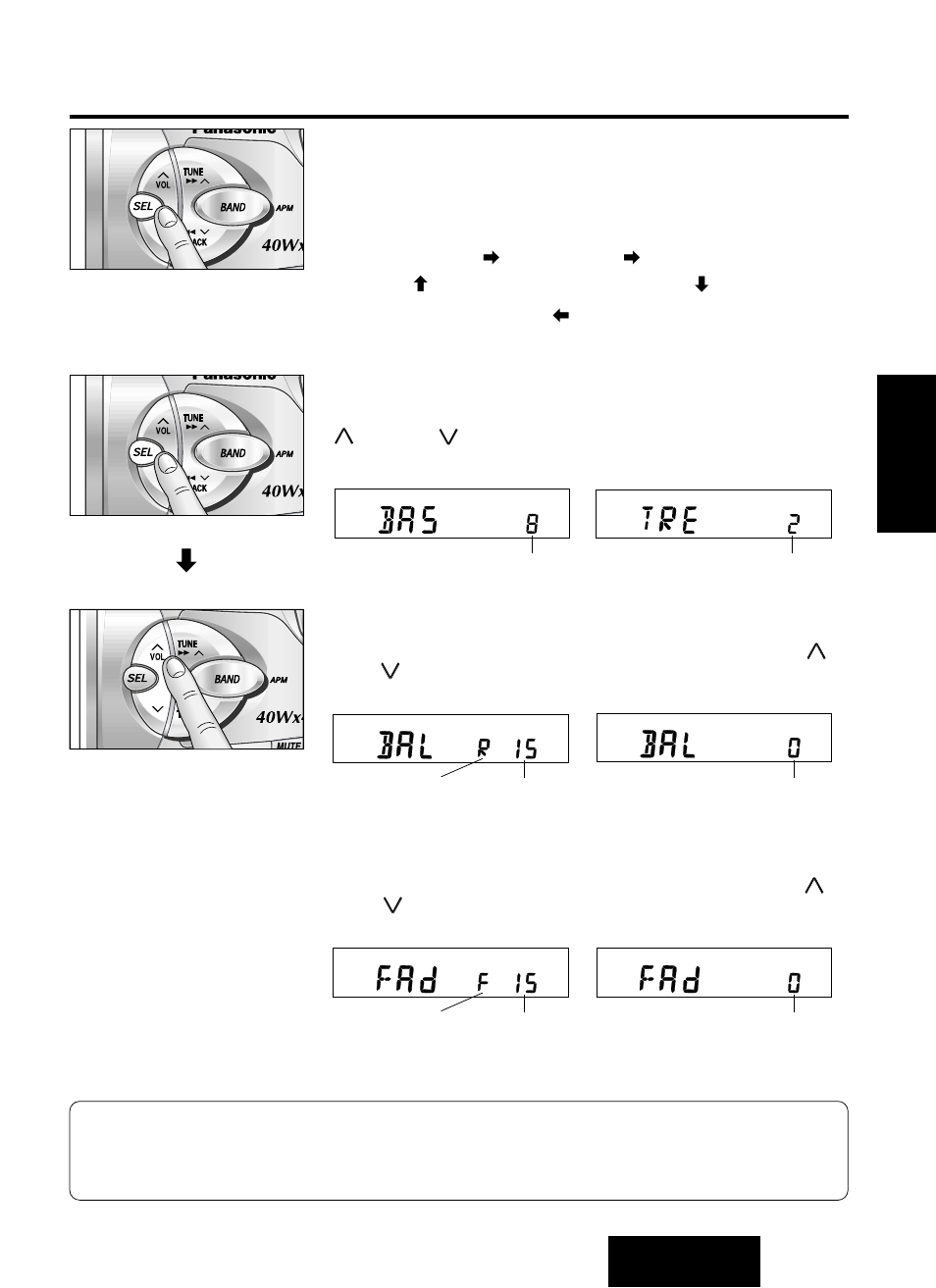 Cómo cambiar los modos de audio, Graves y agudos, Equilibrio | Desvanecedor | Panasonic CQ-RG131U User Manual | Page 51 / 72