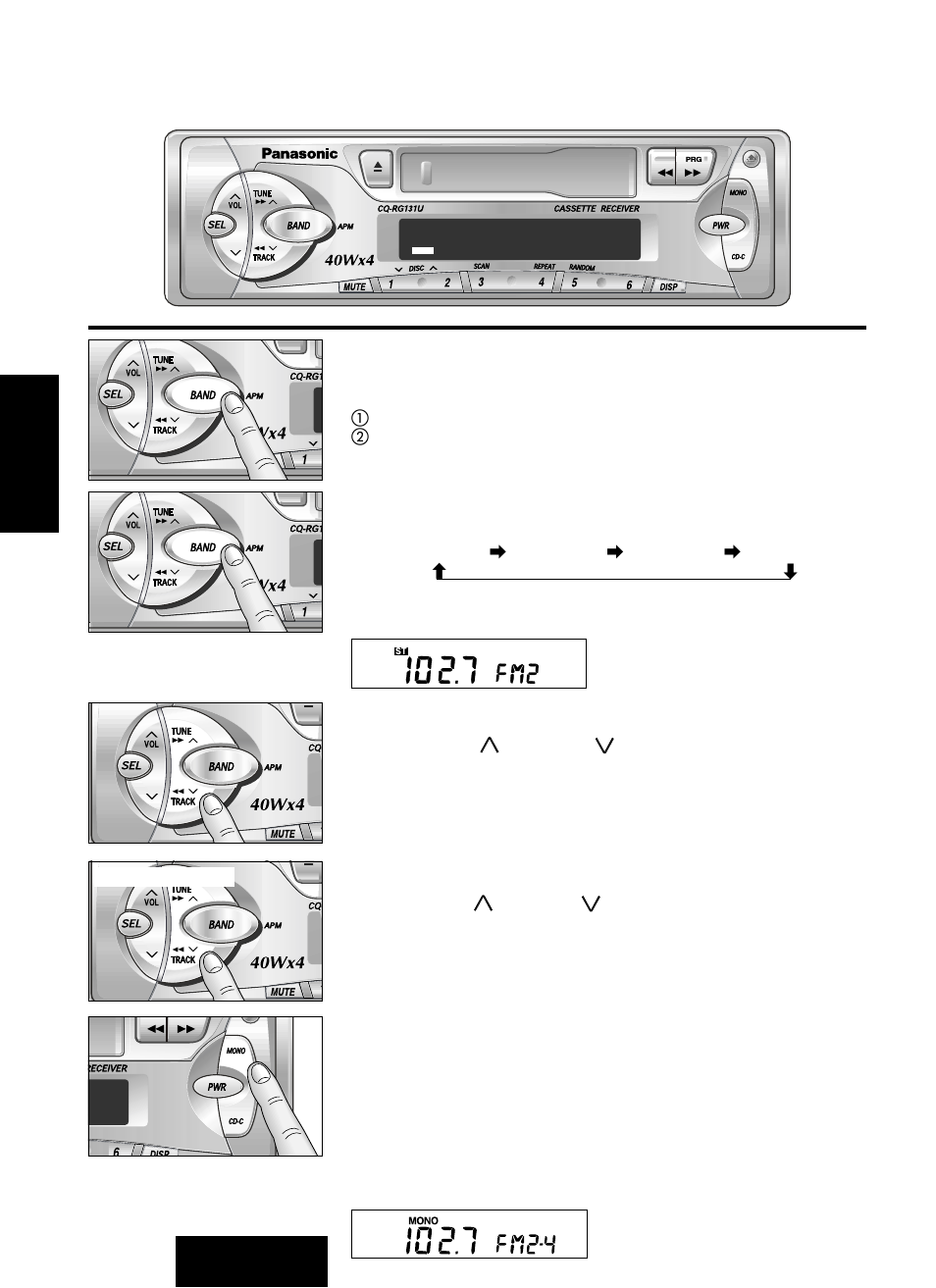 Operación básica del radio, Para cambiar el modo del sintonizador, Cómo elegir una banda | Sintonía manual, Sintonía por búsqueda | Panasonic CQ-RG131U User Manual | Page 52 / 72