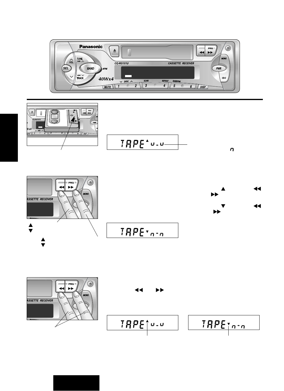 Operación básica del tocacintas de cassette, Cómo cargar un cassette, Rebobinado y avance rápido | Cómo cambiar el lado | Panasonic CQ-RG131U User Manual | Page 54 / 72