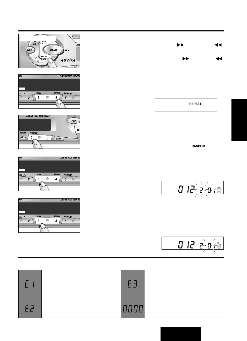 Cómo buscar una pista, Repetición de una canción, Selección al azar | Exploración de pistas, Exploración de discos, Emensajes de visualización de error | Panasonic CQ-RG131U User Manual | Page 57 / 72