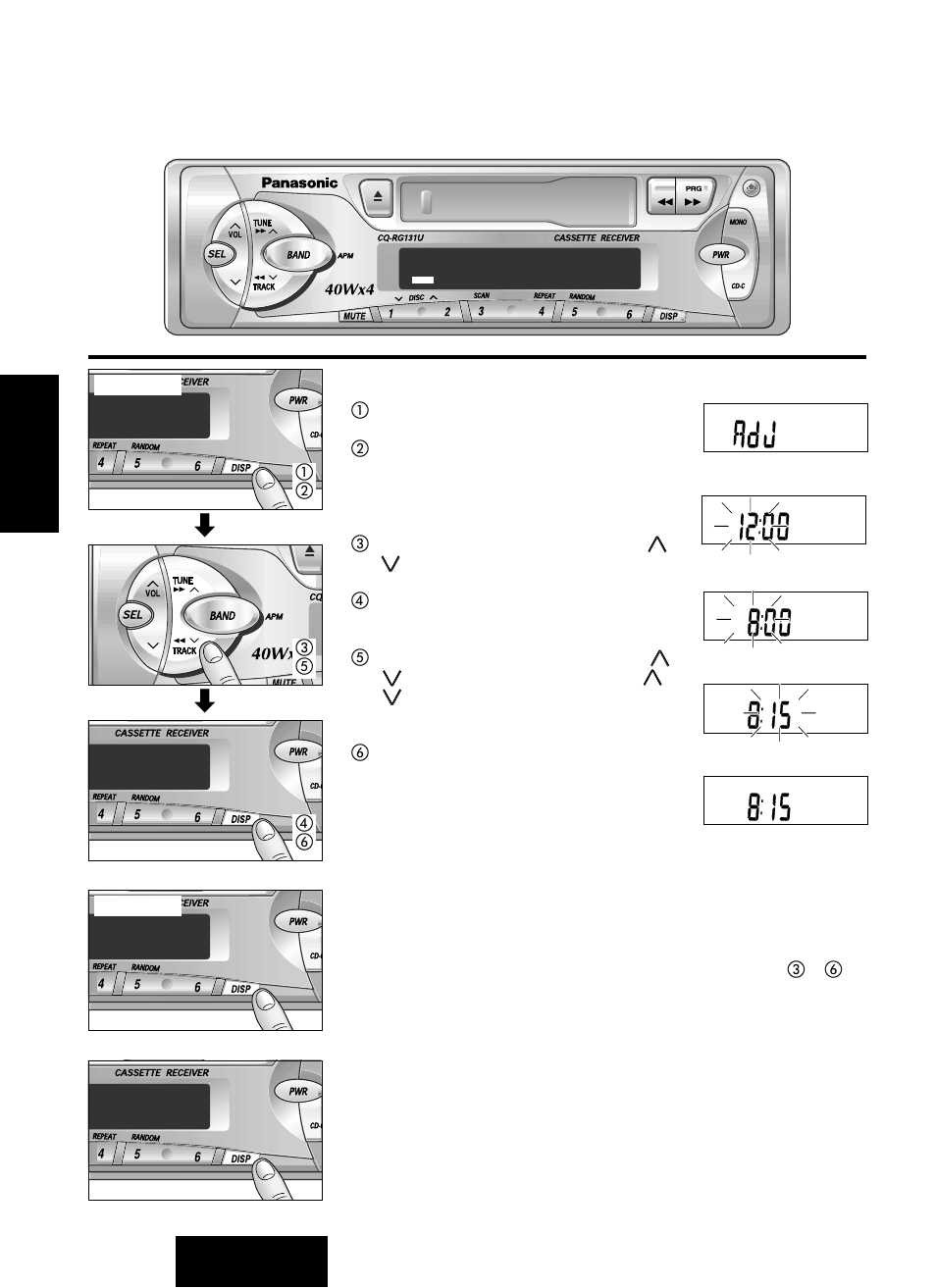 Operación básica del reloj, Ajuste de la hora inicial, Reajuste de la hora | Selección de la visualización del reloj | Panasonic CQ-RG131U User Manual | Page 58 / 72