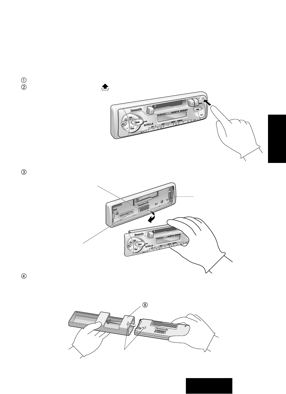 Sistema antirrobo, Como quitar la placa frontal removible, Fig. 5 | Fig. 7, Fig. 6 | Panasonic CQ-RG131U User Manual | Page 65 / 72