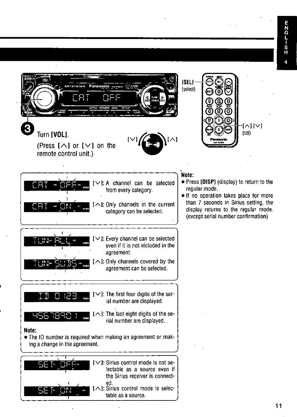 Disp, Turn [vol], (press [/\] or, On the remote control unit.) | Panasonic CQ-DP383U User Manual | Page 11 / 28