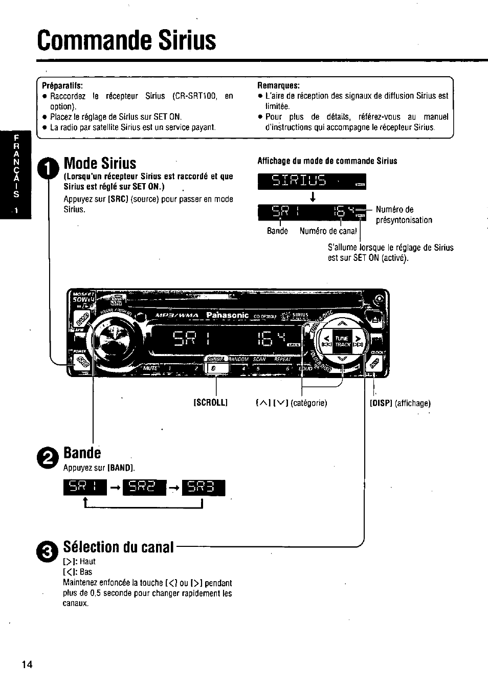 Commande sirius, Mode sirius, Bande | Sélection du canal | Panasonic CQ-DP383U User Manual | Page 14 / 28