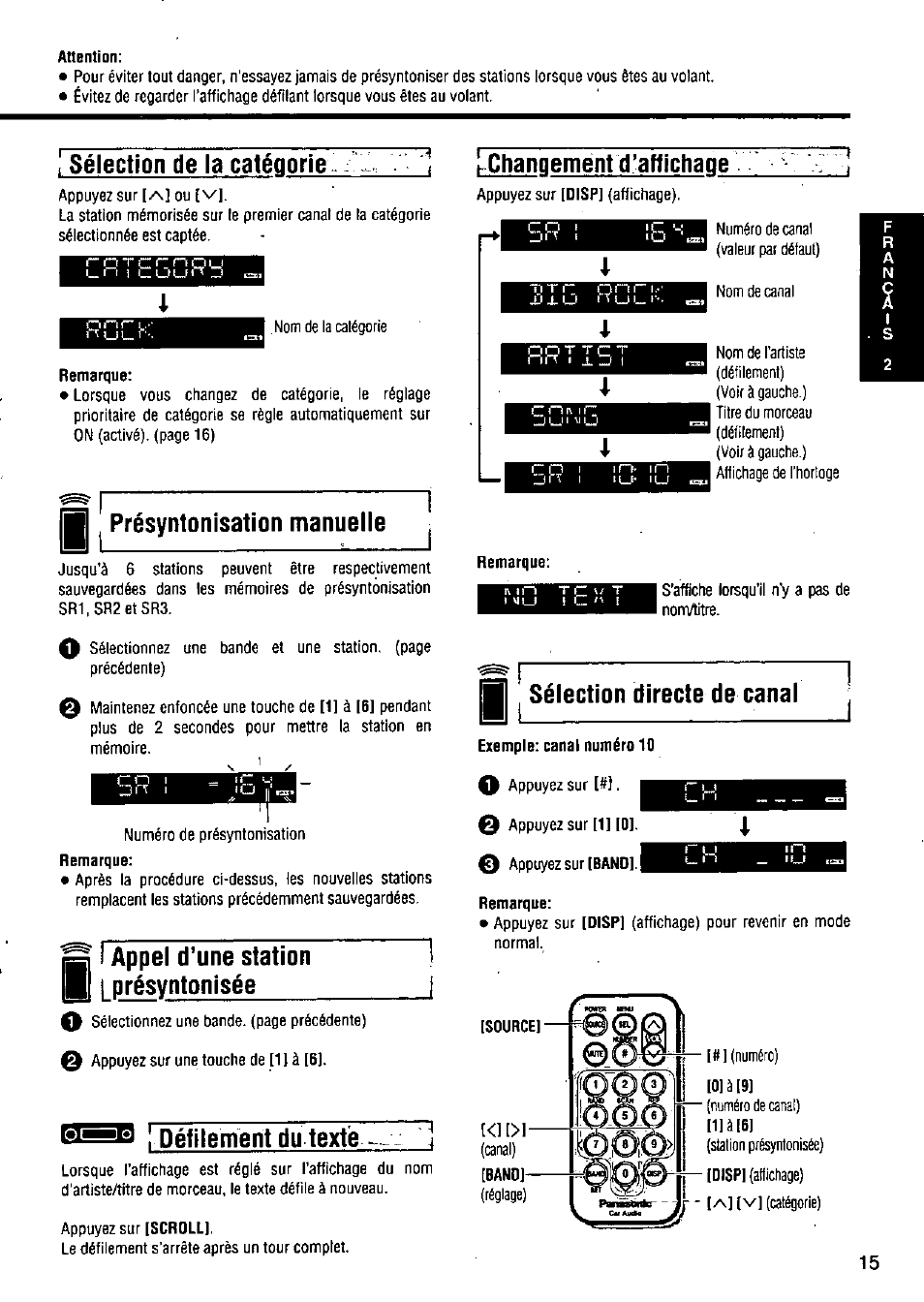 Attention, Remarque, 0] à[9 | Panasonic CQ-DP383U User Manual | Page 15 / 28