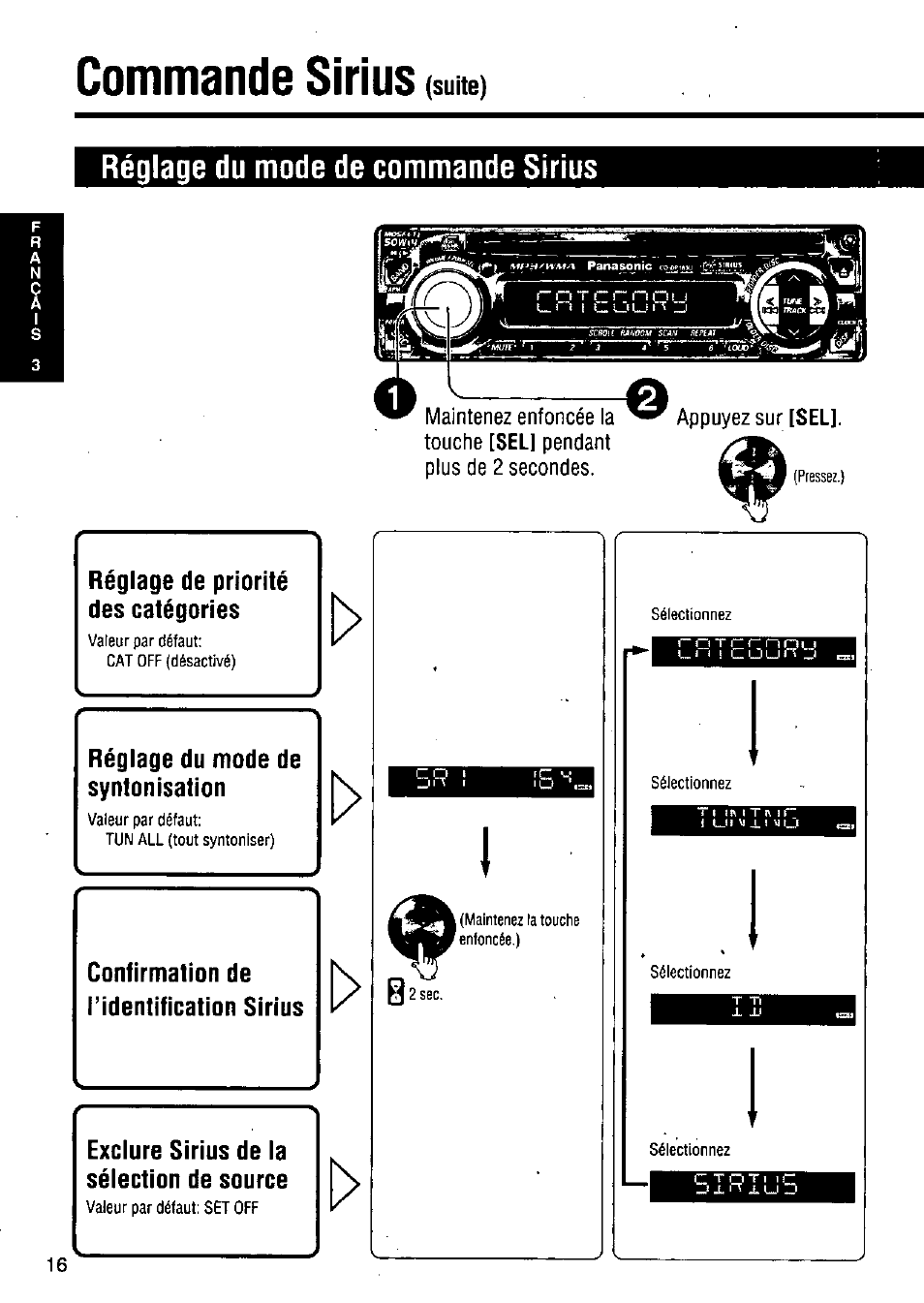 Commande sirius, Réglage du mode de commande sirius | Panasonic CQ-DP383U User Manual | Page 16 / 28