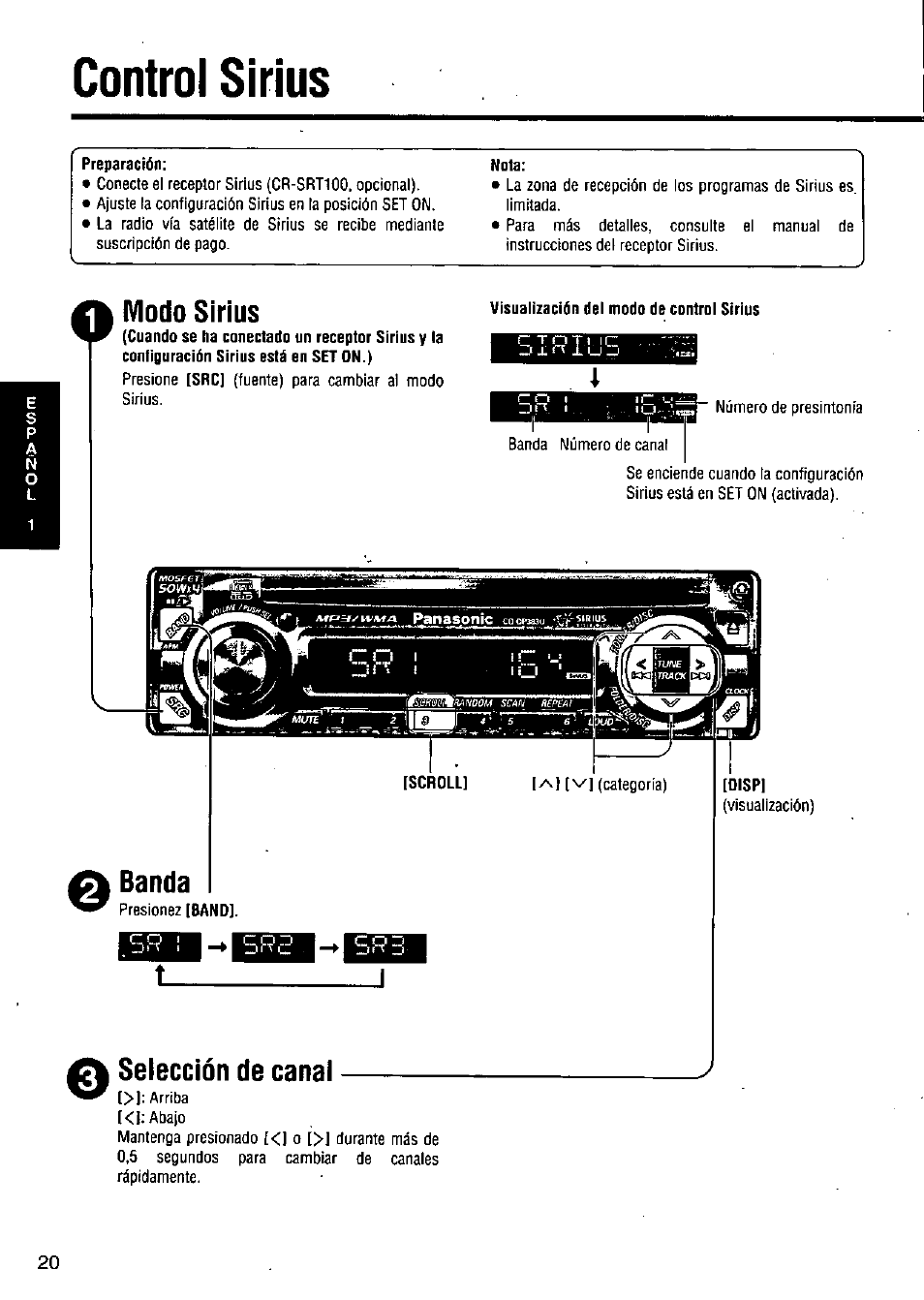 Control sirius, Preparación, Nota | Modo sirius, Visualización del modo de control sirius, Banda | Panasonic CQ-DP383U User Manual | Page 20 / 28
