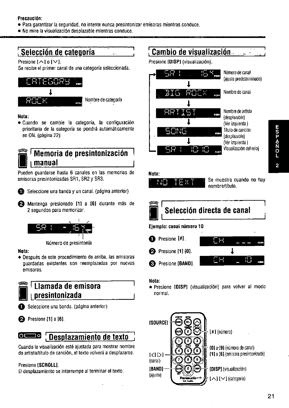 Precaución, Nota, Presione [scroll | Ejemplo: canal número 10, Source]—0 | Panasonic CQ-DP383U User Manual | Page 21 / 28