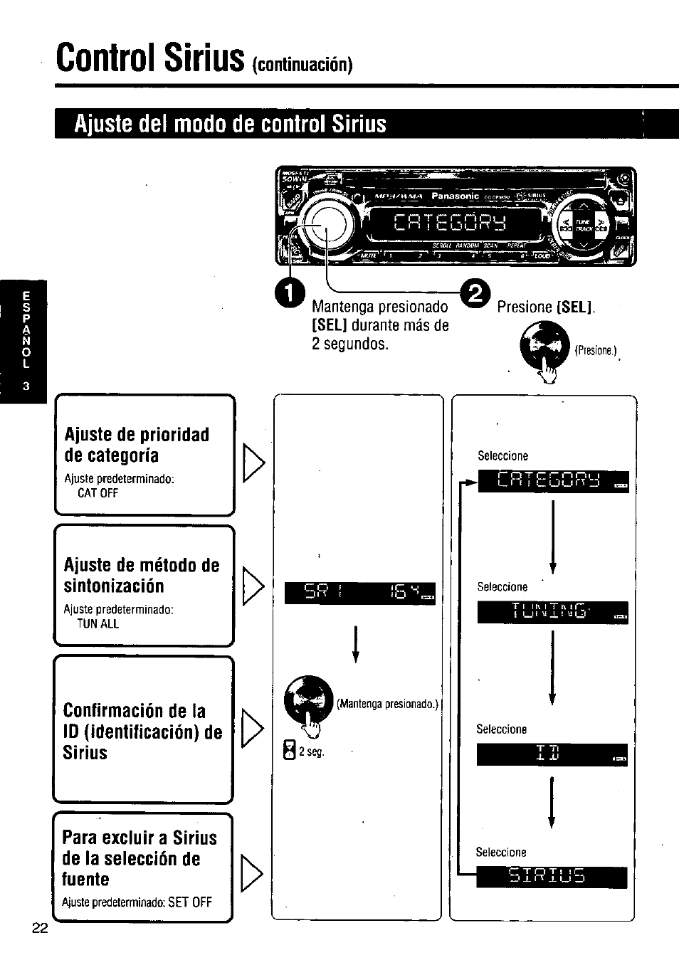 Control sirius, Ajuste del modo de control sirius, Continuación) | Panasonic CQ-DP383U User Manual | Page 22 / 28