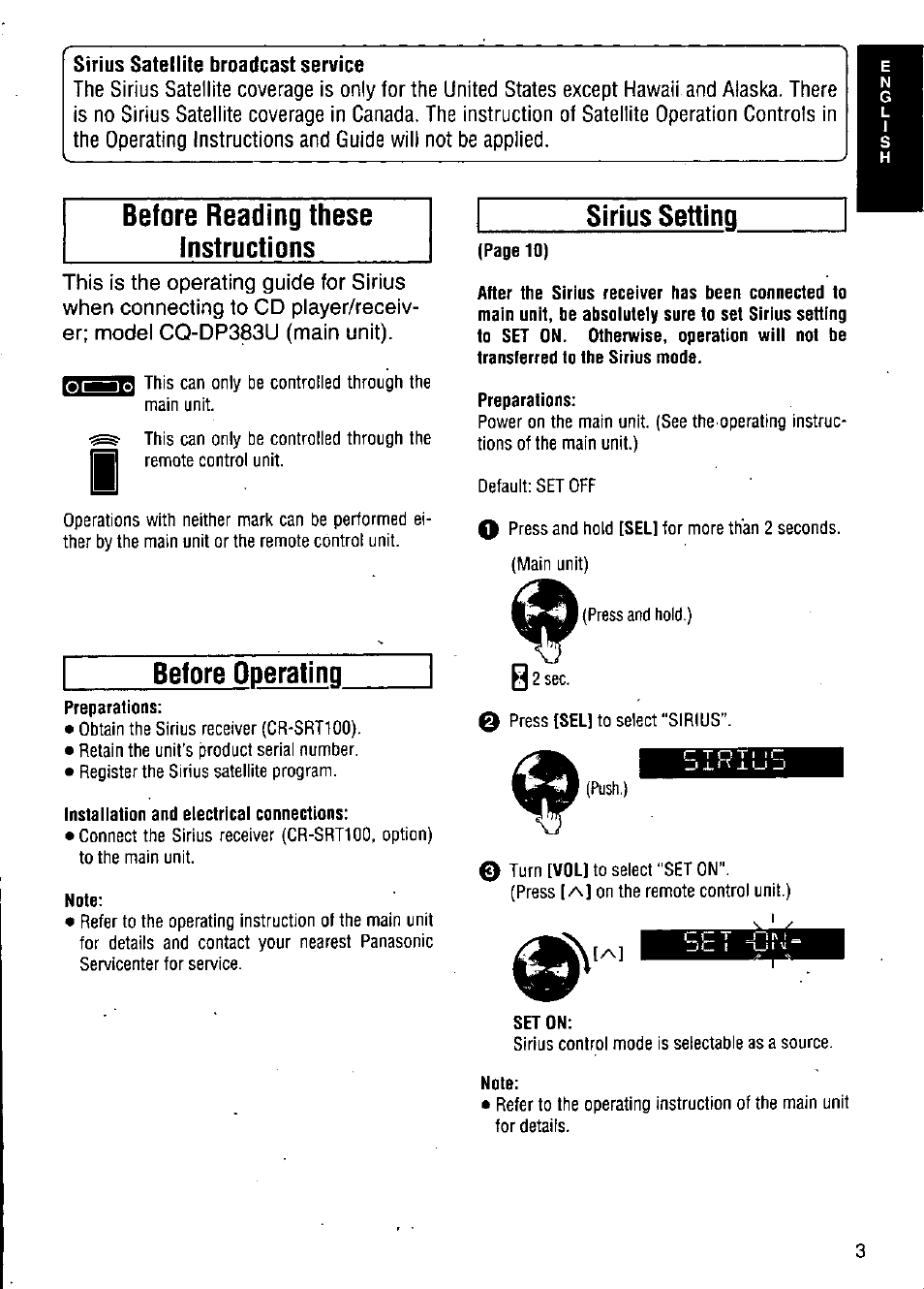 Sirius satellite broadcast service, Before reading these sirius setting instructions, Before operating | Panasonic CQ-DP383U User Manual | Page 3 / 28