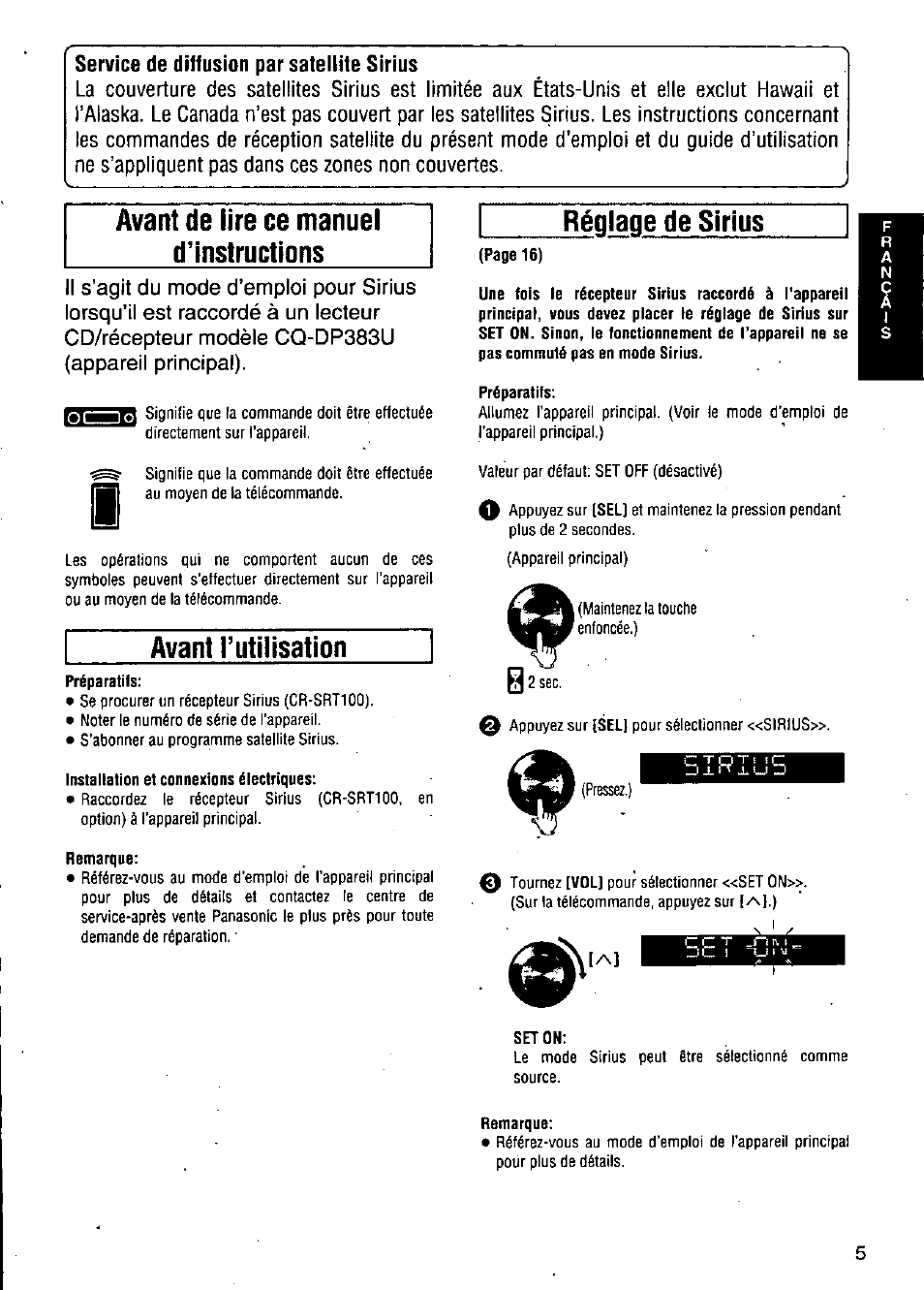 Service de diffusion par satellite sirius, Avant de lire ce manuel d’instructions, Avant l’utilisation | Installation et connexions électriques, Remarque, Réglage de sirius, Préparatifs, Seton, Pressez.) | Panasonic CQ-DP383U User Manual | Page 5 / 28