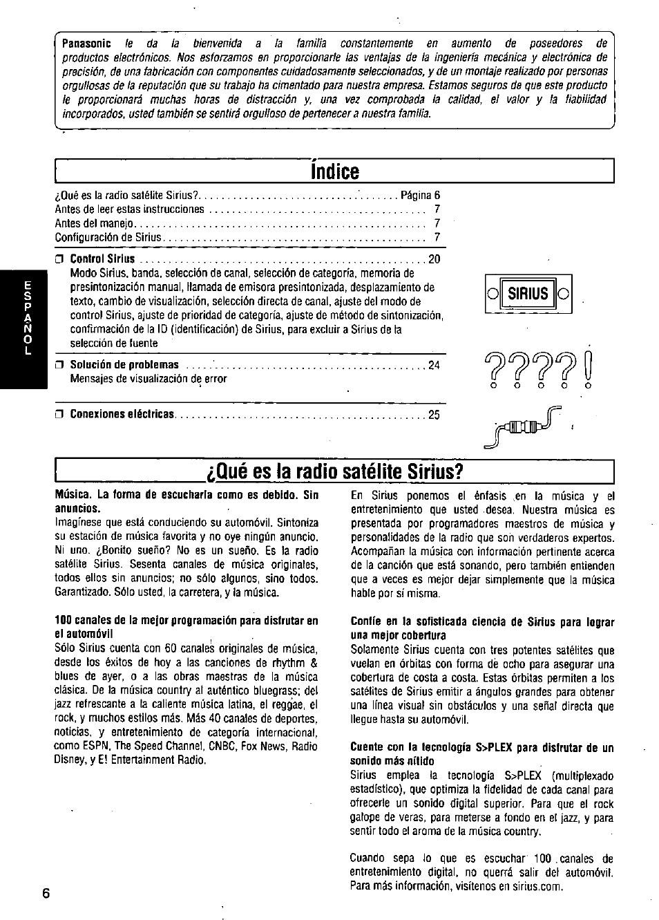 Indice, Qué es la radio satélite sirius | Panasonic CQ-DP383U User Manual | Page 6 / 28