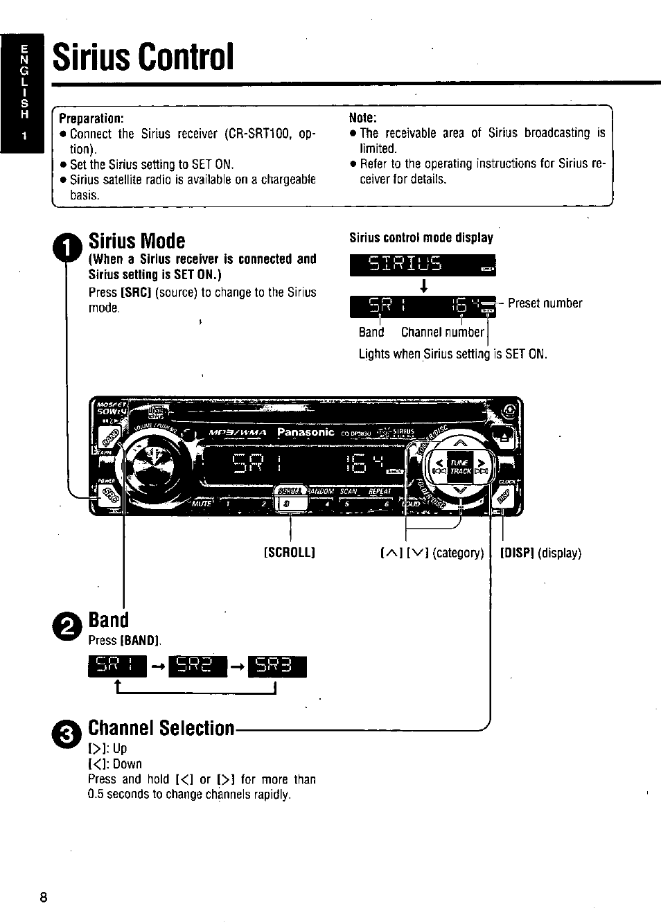 Sirius controi, Sirius mode, Channel selection | Panasonic CQ-DP383U User Manual | Page 8 / 28