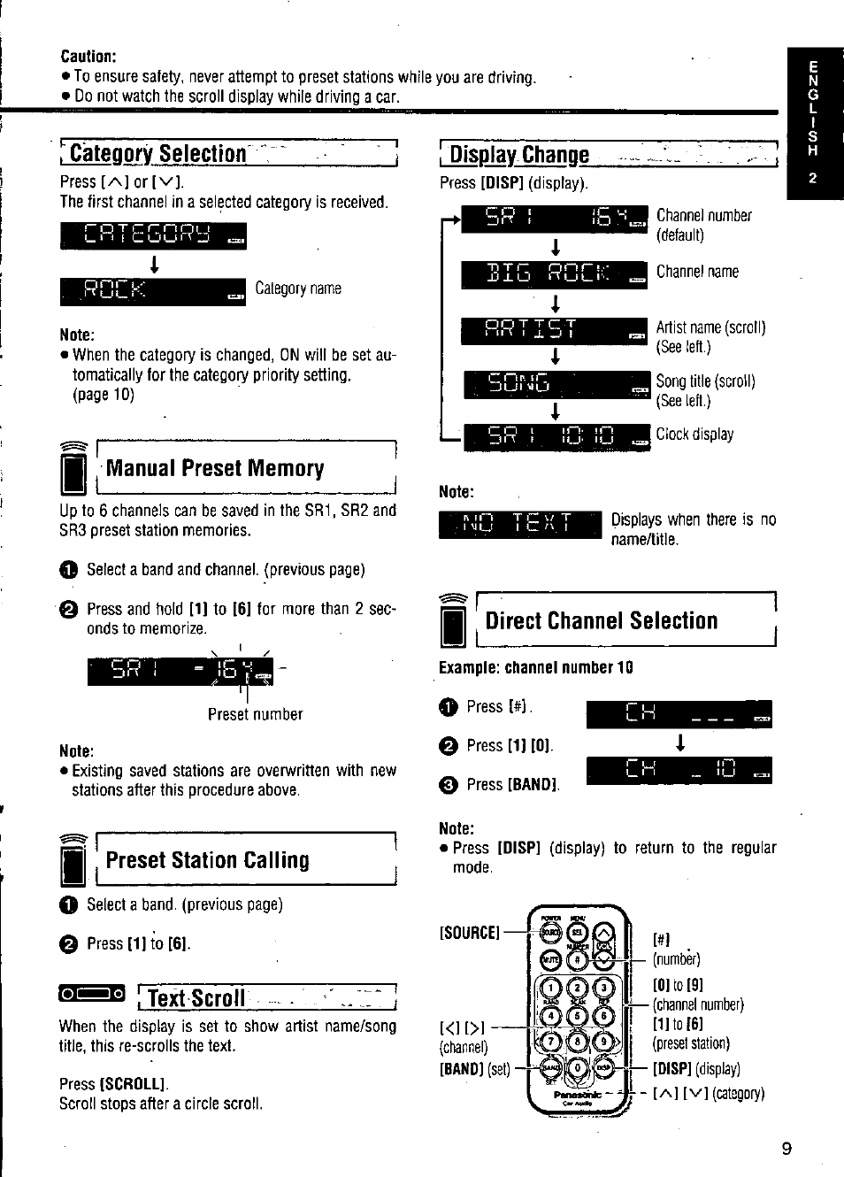 Caution, Scroll, Disp | Example: channel number 10 | Panasonic CQ-DP383U User Manual | Page 9 / 28