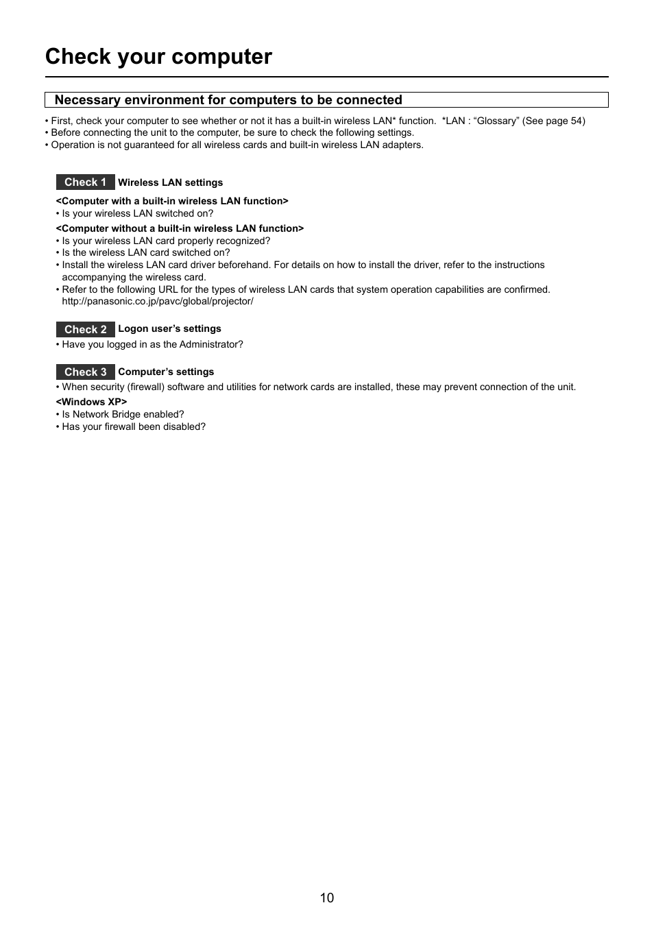 Check your computer | Panasonic TY-FB10WPU User Manual | Page 10 / 60