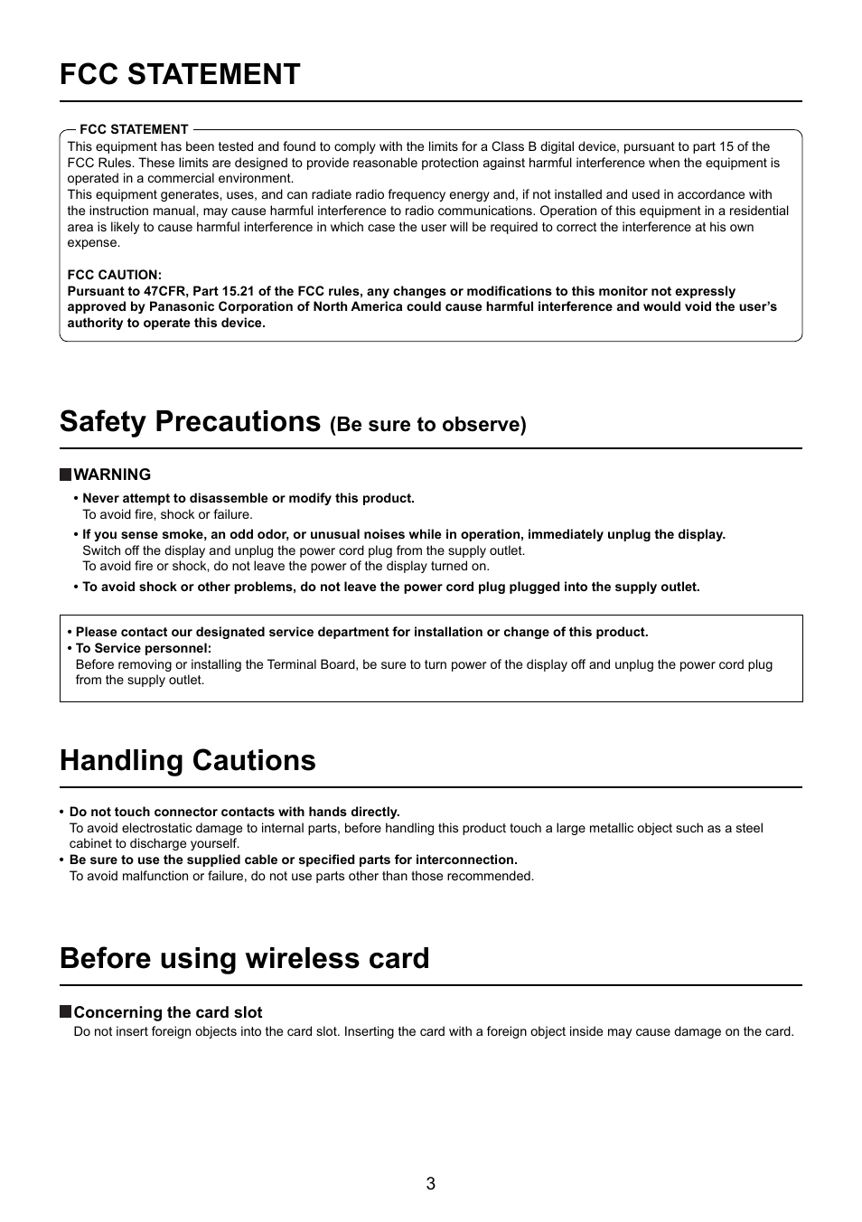 Fcc statement, Handling cautions, Before using wireless card | Safety precautions | Panasonic TY-FB10WPU User Manual | Page 3 / 60