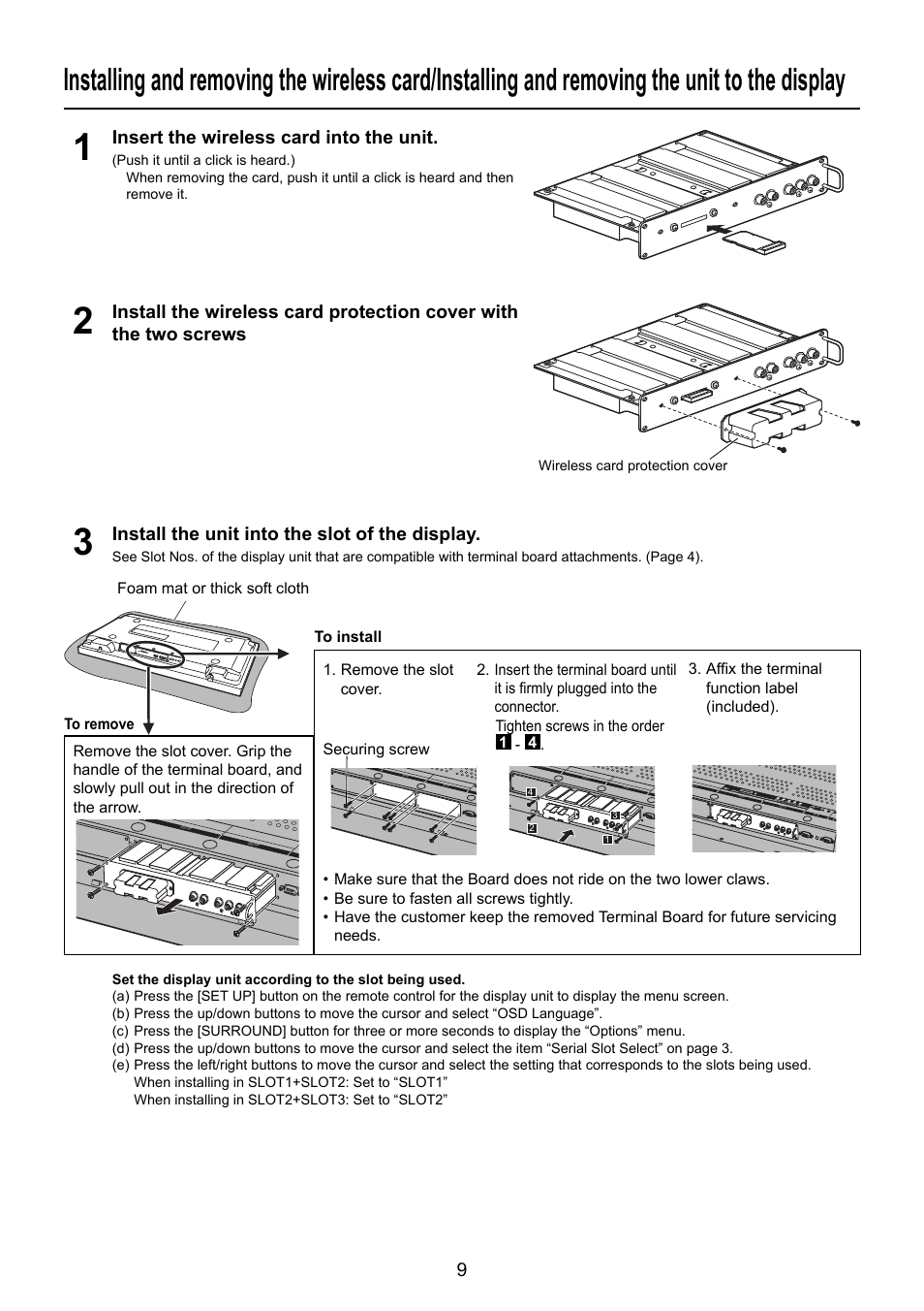 Install the unit into the slot of the display, Insert the wireless card into the unit | Panasonic TY-FB10WPU User Manual | Page 9 / 60