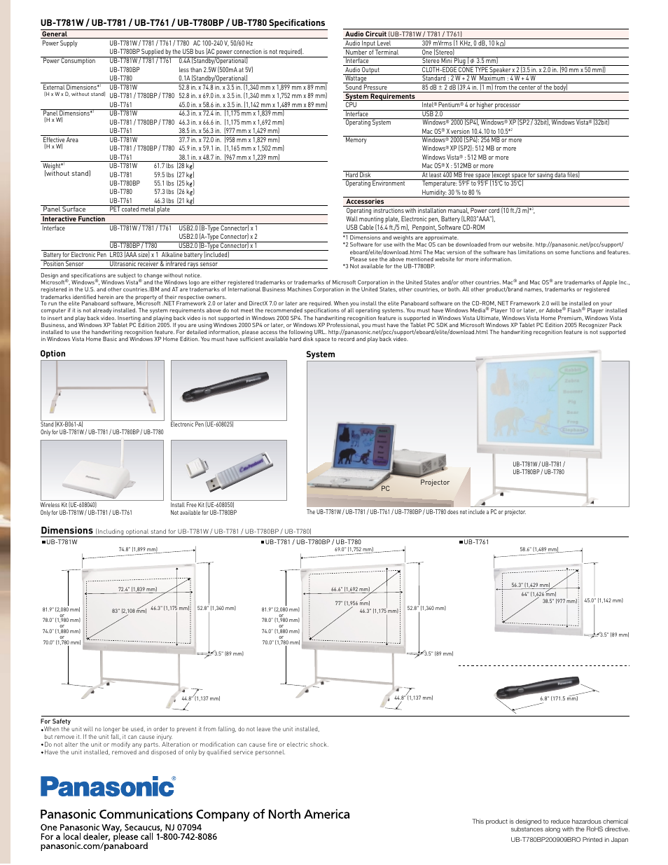 Dimensions, Option system | Panasonic ELITE PANABOARD UB-T781W User Manual | Page 6 / 6