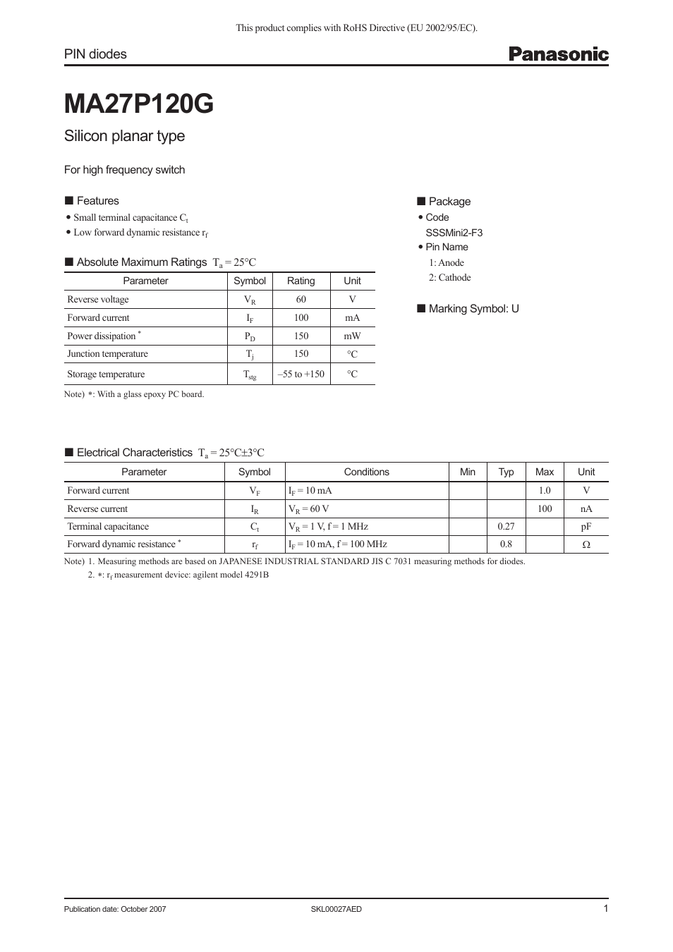 Panasonic MA27P120G User Manual | 4 pages