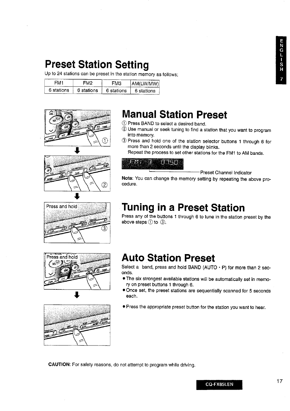 Preset station setting, Manuai station preset, Tuning in a preset station | Auto station preset | Panasonic CQ-FX85LEN User Manual | Page 10 / 35