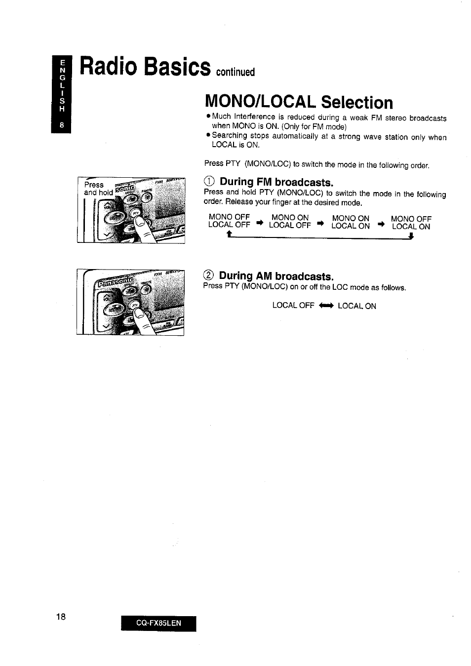 Radio basics continued, Mono/local selection, Radio basics | Continued | Panasonic CQ-FX85LEN User Manual | Page 11 / 35