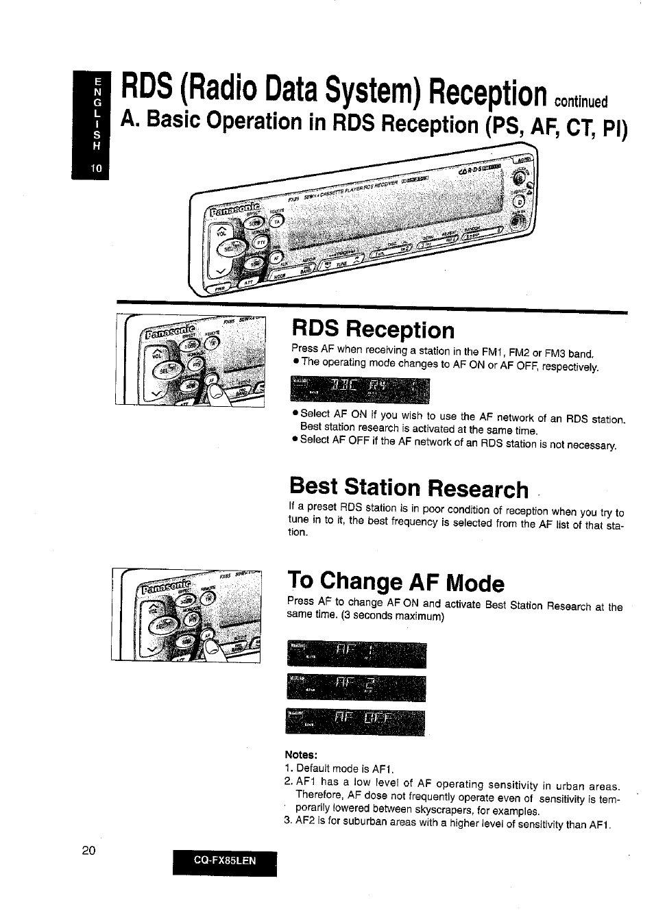 Rds (radio data system) reception, Rds reception, Best station research | To change af mode, Rds (radio data systeem) pntvangst | Panasonic CQ-FX85LEN User Manual | Page 13 / 35