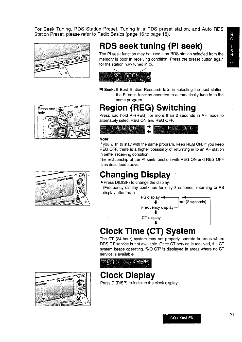 Rds seek tuning (pi seek), Region (reg) switching, Changing display | Clock time (ct) system, Clock display | Panasonic CQ-FX85LEN User Manual | Page 14 / 35