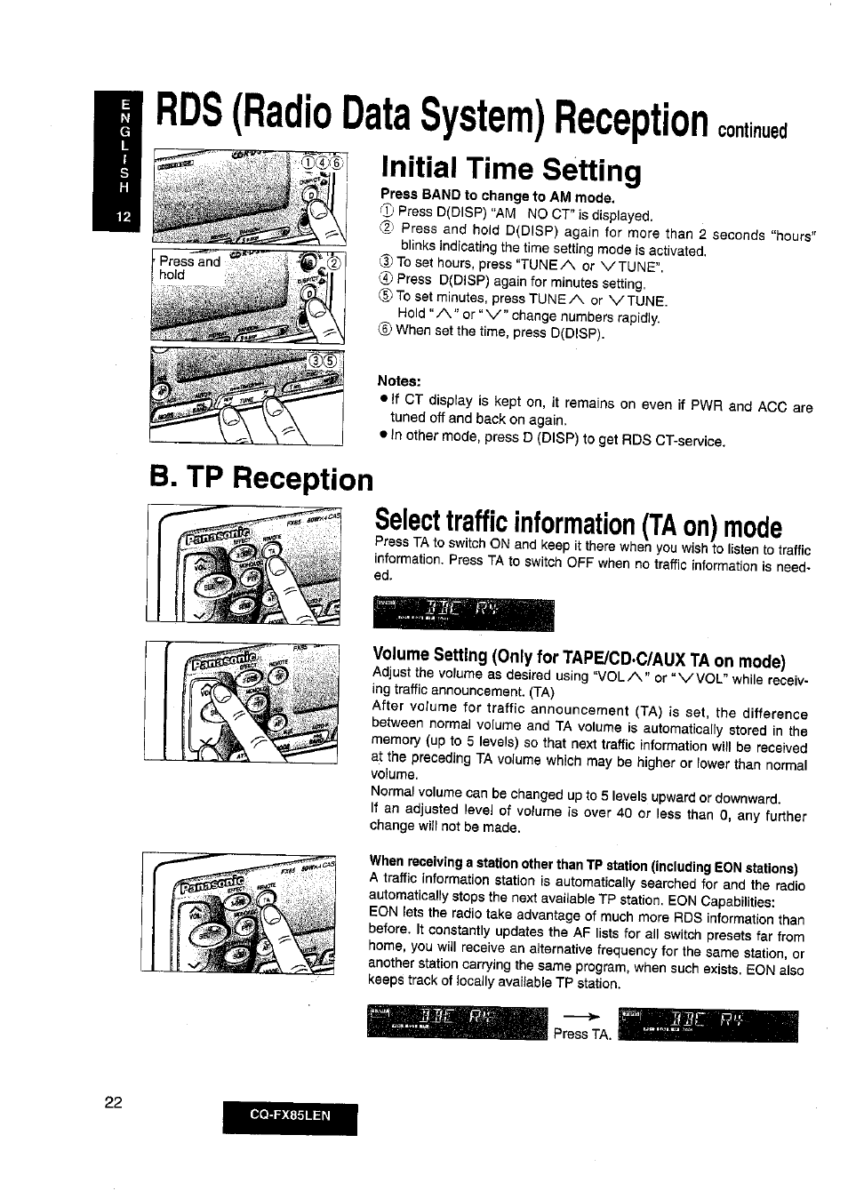 Rds (radio data system) reception, Initial time setting, B. tp reception | Select traffic information (ta on) mode, Continued | Panasonic CQ-FX85LEN User Manual | Page 15 / 35