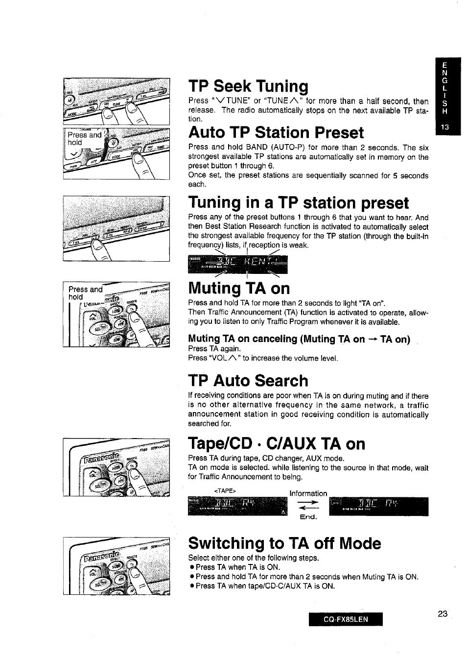 Tp seek tuning, Auto tp station preset, Tuning in a tp station preset | Muting ta on, Tp auto search, Tape/cd • c/aux ta on, Switching to ta off mode | Panasonic CQ-FX85LEN User Manual | Page 16 / 35