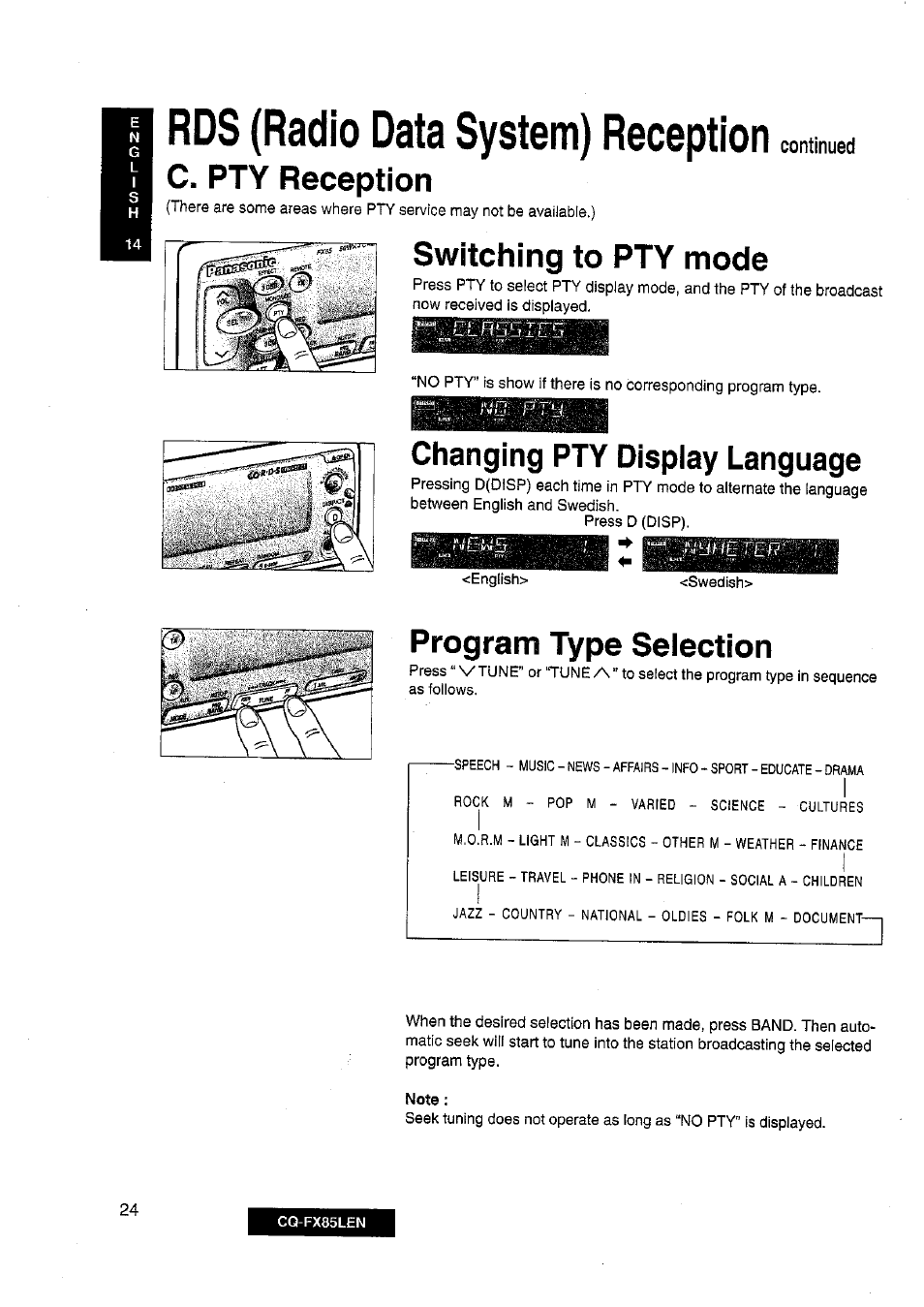 Rds (radio data system) reception, C. pty reception, Switching to pty mode | Changing pty display language, Program type selection, Continued, Pxii | Panasonic CQ-FX85LEN User Manual | Page 17 / 35