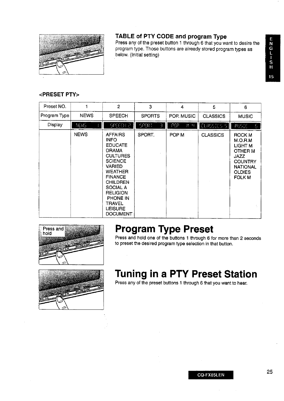 Program type preset, Tuning in a pty preset station, Table of pty code and program type | Panasonic CQ-FX85LEN User Manual | Page 18 / 35
