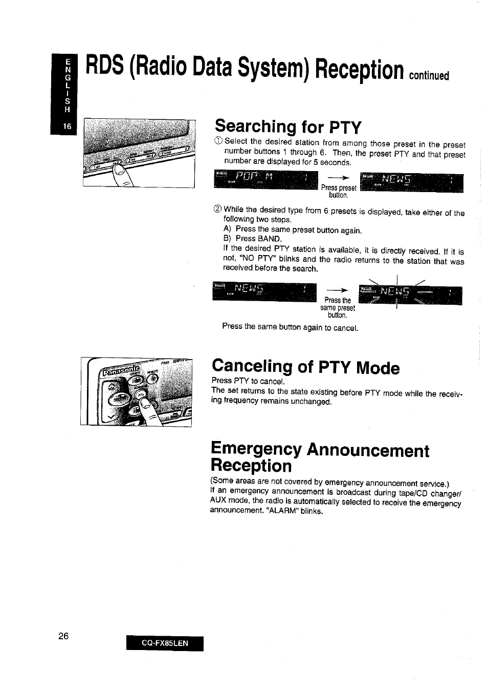 Rds (radio data system) reception, Searching for pty, Canceling of pty mode | Emergency announcement reception, Continued | Panasonic CQ-FX85LEN User Manual | Page 19 / 35
