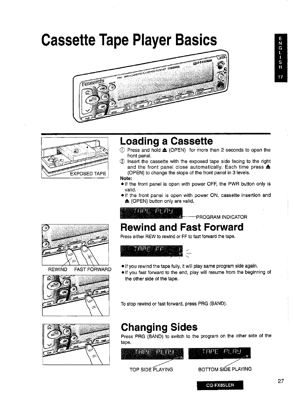 Cassette tape player basics, Loading a cassette, Rewind and fast forward | Changing sides | Panasonic CQ-FX85LEN User Manual | Page 20 / 35