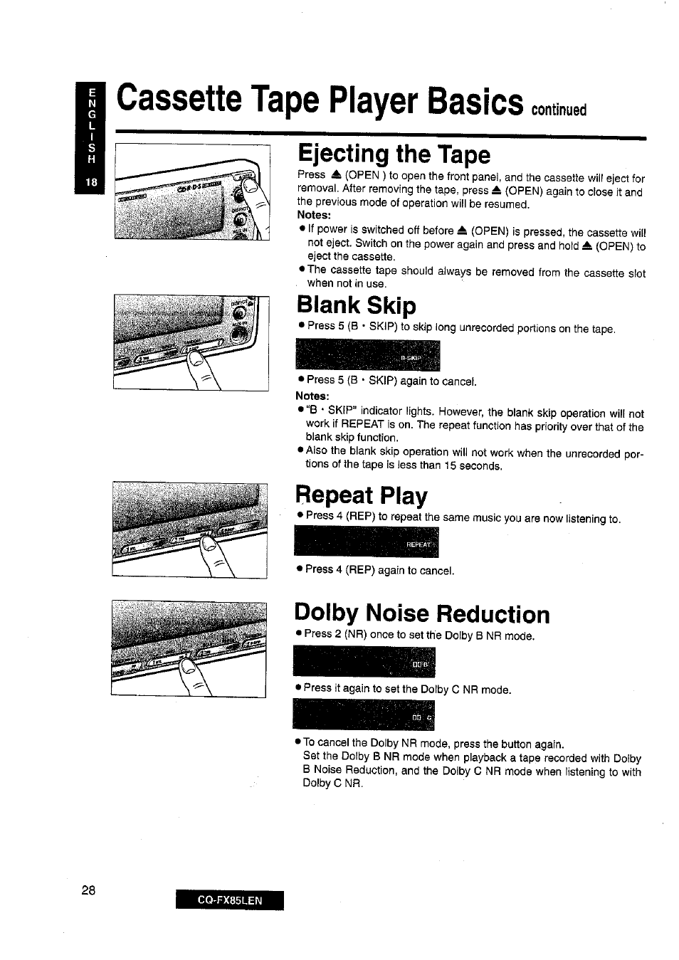 H cassette tape player basics, Ejecting the tape, Blank skip | Repeat play, Dolby noise reduction, Continued | Panasonic CQ-FX85LEN User Manual | Page 21 / 35