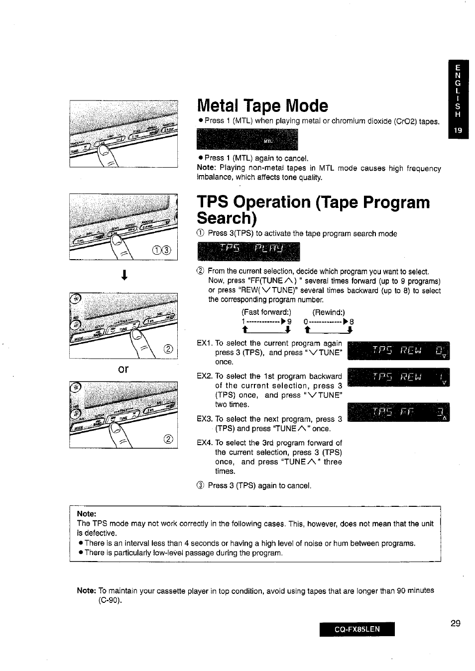Metal tape mode, Tps operation (tape program search) | Panasonic CQ-FX85LEN User Manual | Page 22 / 35