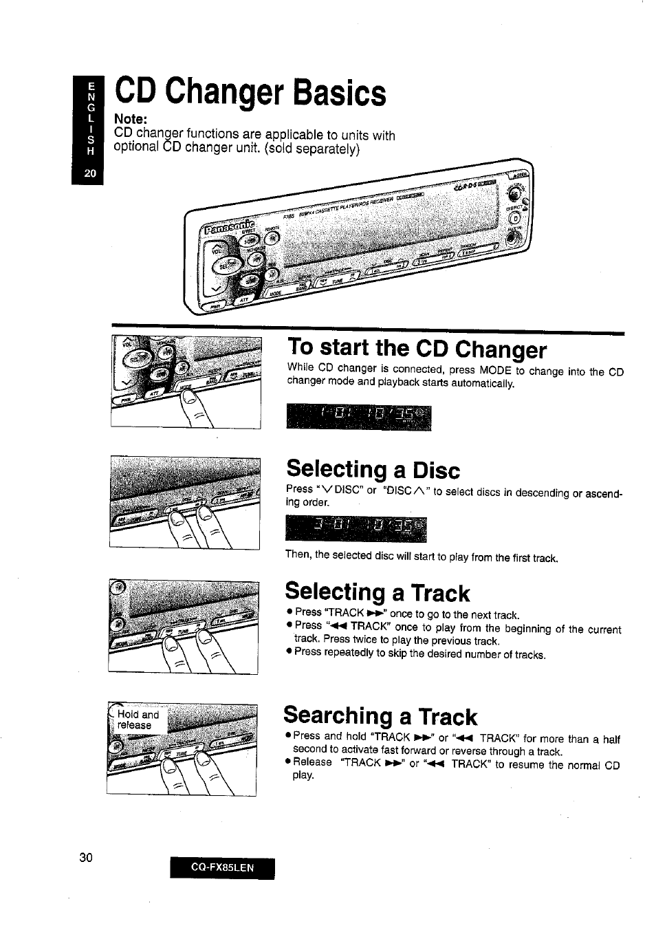Cd changer basics, To start the cd changer, Selecting a disc | Selecting a track, Searching a track | Panasonic CQ-FX85LEN User Manual | Page 23 / 35