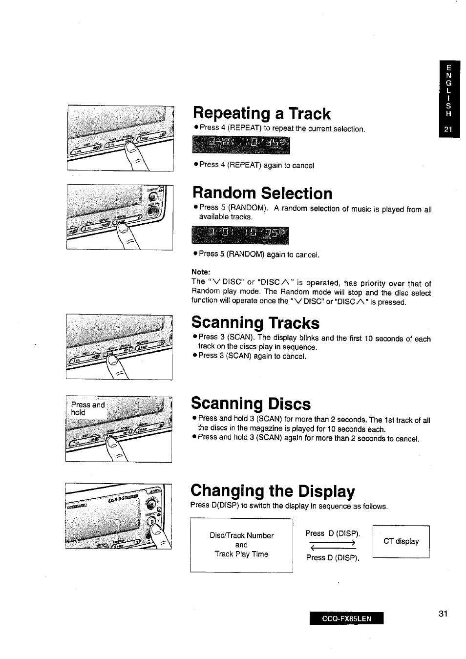 Repeating a track, Random selection, Scanning tracks | Scanning discs, Changing the display | Panasonic CQ-FX85LEN User Manual | Page 24 / 35