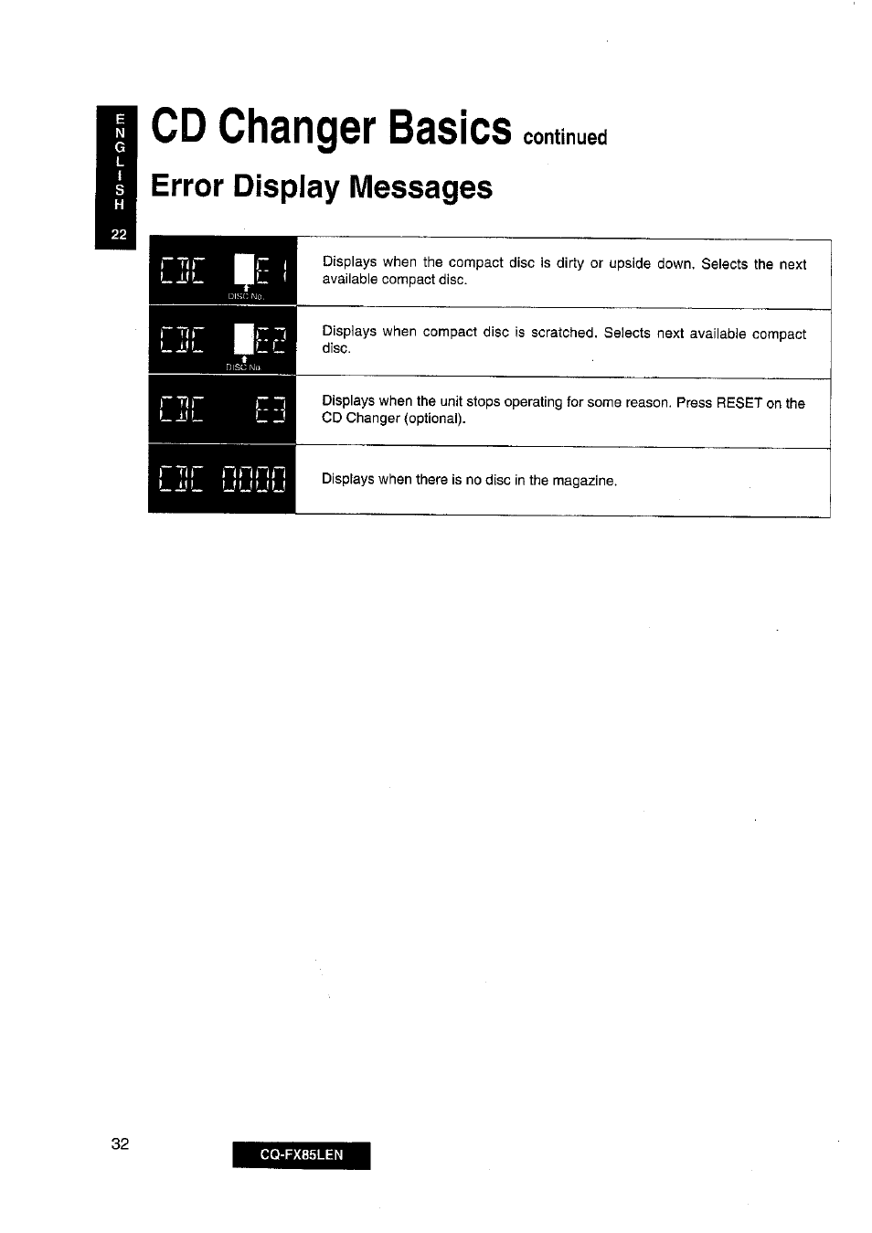 Cd changer basics, Error display messages | Panasonic CQ-FX85LEN User Manual | Page 25 / 35