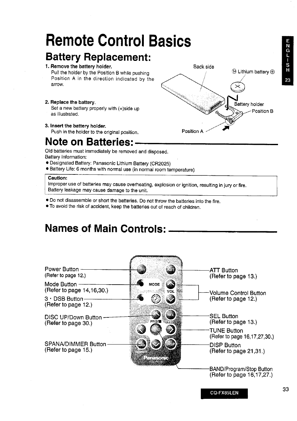 Remote control basics, Battery replacement, Note on batteries | Names of main controls | Panasonic CQ-FX85LEN User Manual | Page 26 / 35