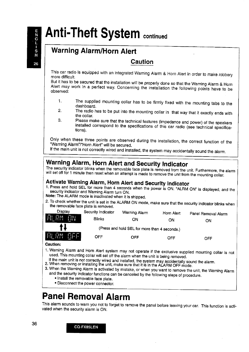 Anti-theft system, Panel removal alarm, Warning alarm/horn alert | Continued, Caution, Warning alarm, horn alert and security indicator | Panasonic CQ-FX85LEN User Manual | Page 29 / 35