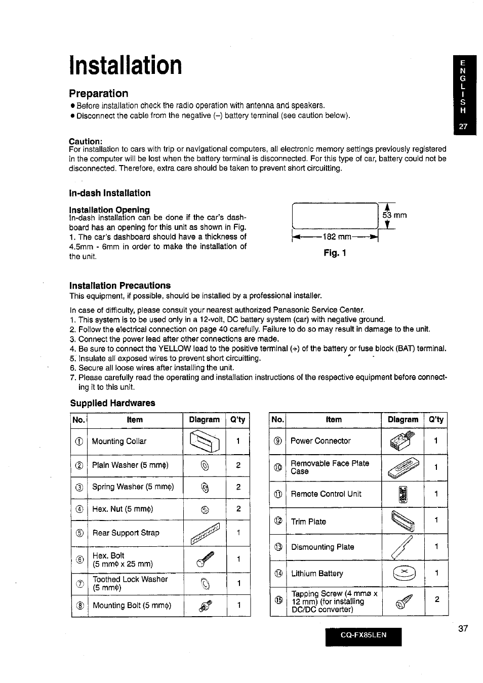 Installation | Panasonic CQ-FX85LEN User Manual | Page 30 / 35