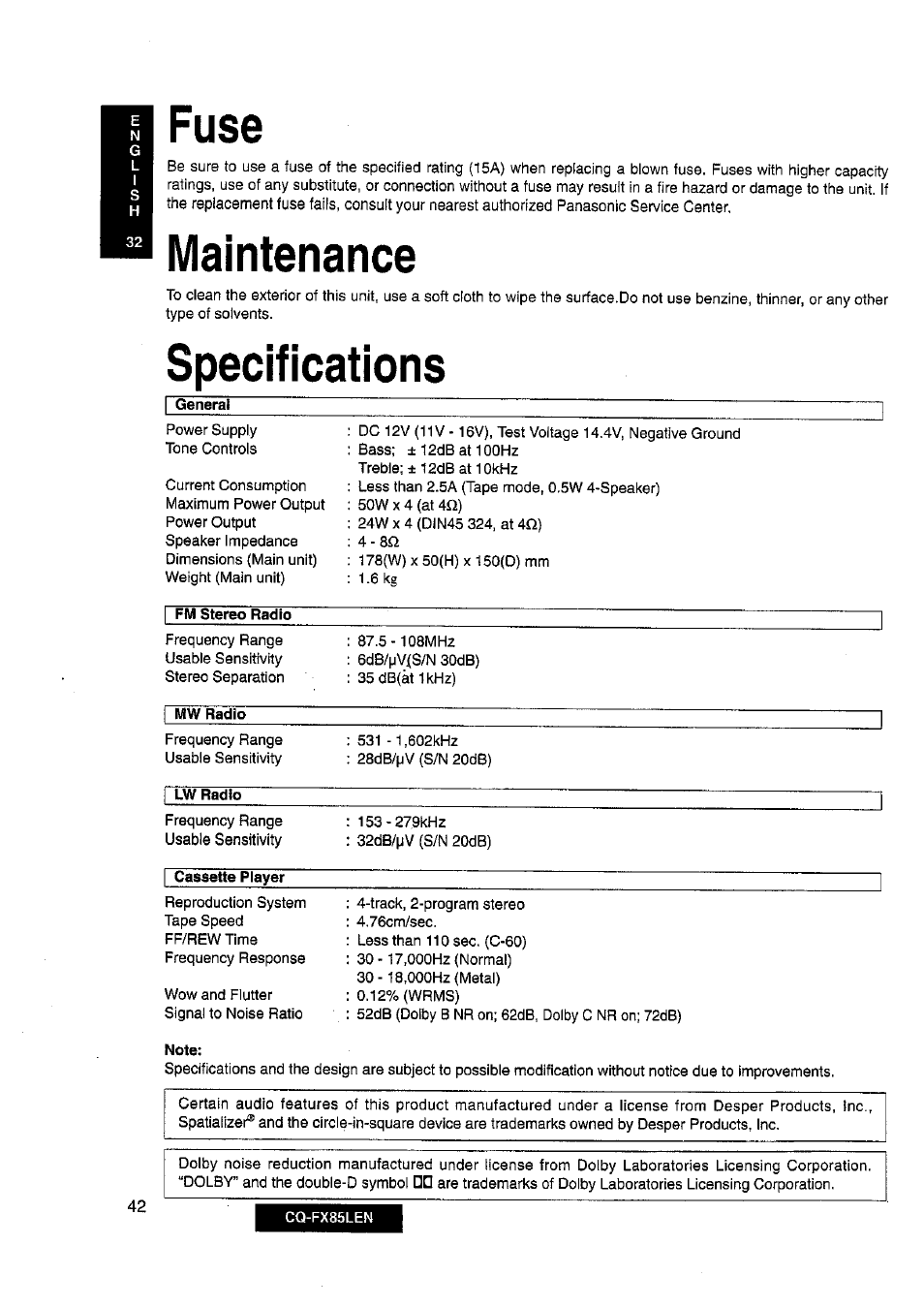Fuse, Maintenance, Specifications | Fuse maintenance specifications | Panasonic CQ-FX85LEN User Manual | Page 35 / 35