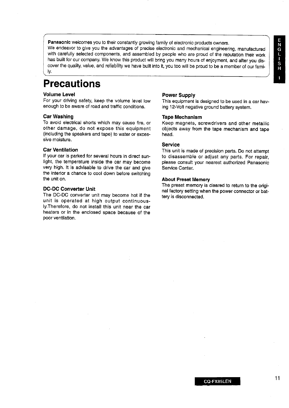 Precautions | Panasonic CQ-FX85LEN User Manual | Page 4 / 35